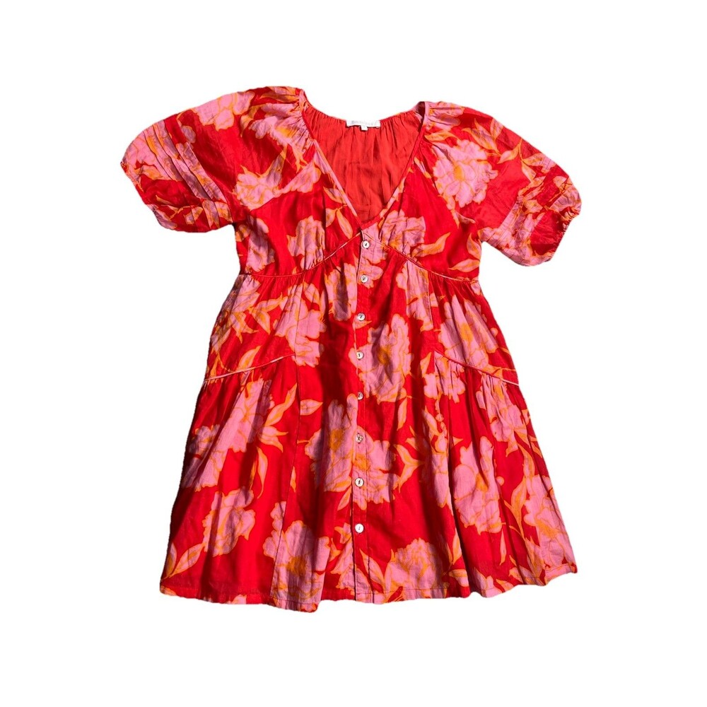 Olivaceous Womens Floral Babydoll Dress Medium Red‎ Pink Empire Waist Button